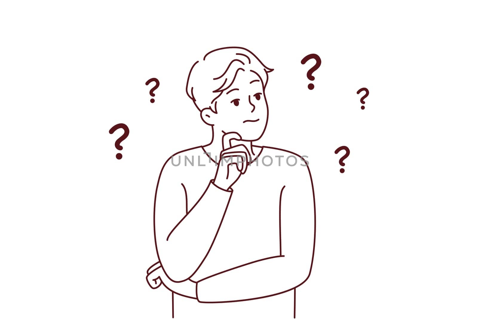 Frustrated young man thinking of problem solution having dilemma. Confused male make decision or plan, consider ideas or solution. Vector illustration.