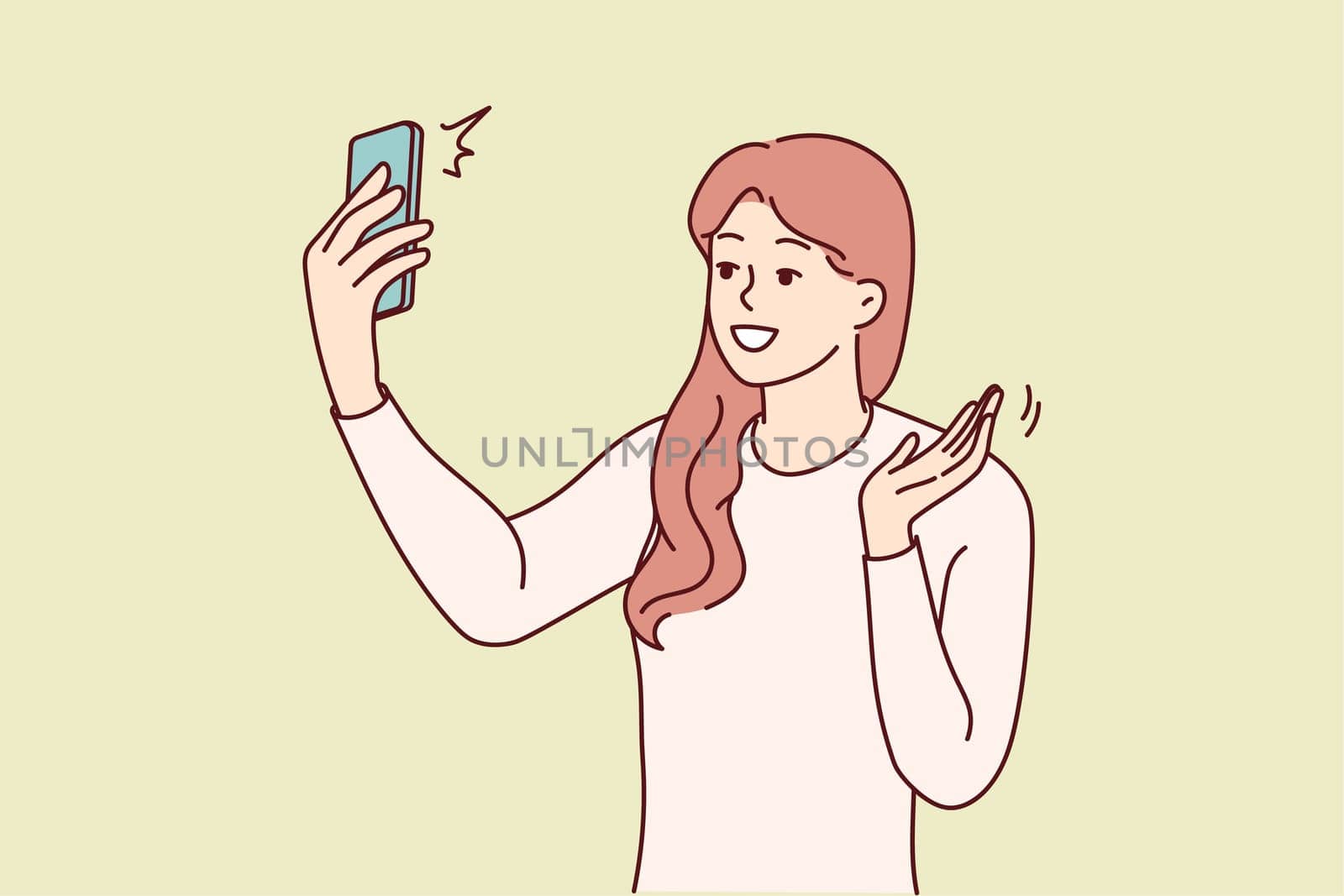 Smiling woman wave talk on webcam call on cellphone. Happy female have online video chat on smartphone. Technology concept. Vector illustration.