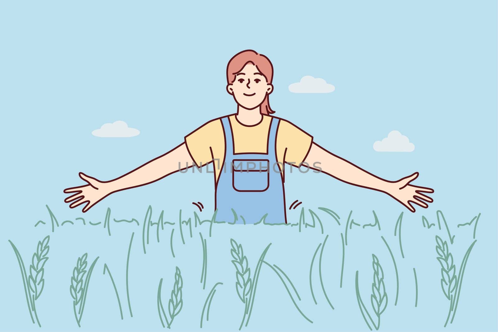 Smiling girl walking in field enjoying sunny weather outdoors. Happy female in cropland or pasture. Environment and nature. Vector illustration.