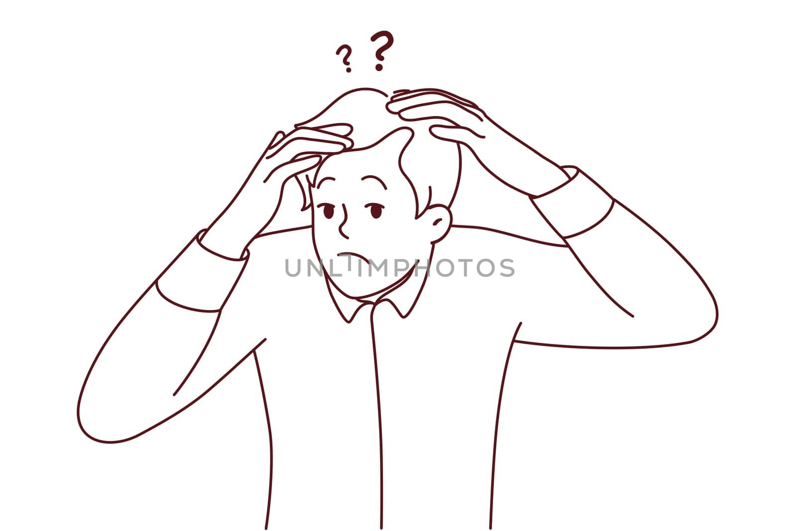 Frustrated young man anxious about receding hair. Worried male confused with hair loss or baldness. Skin problems and beauty. Vector illustration.