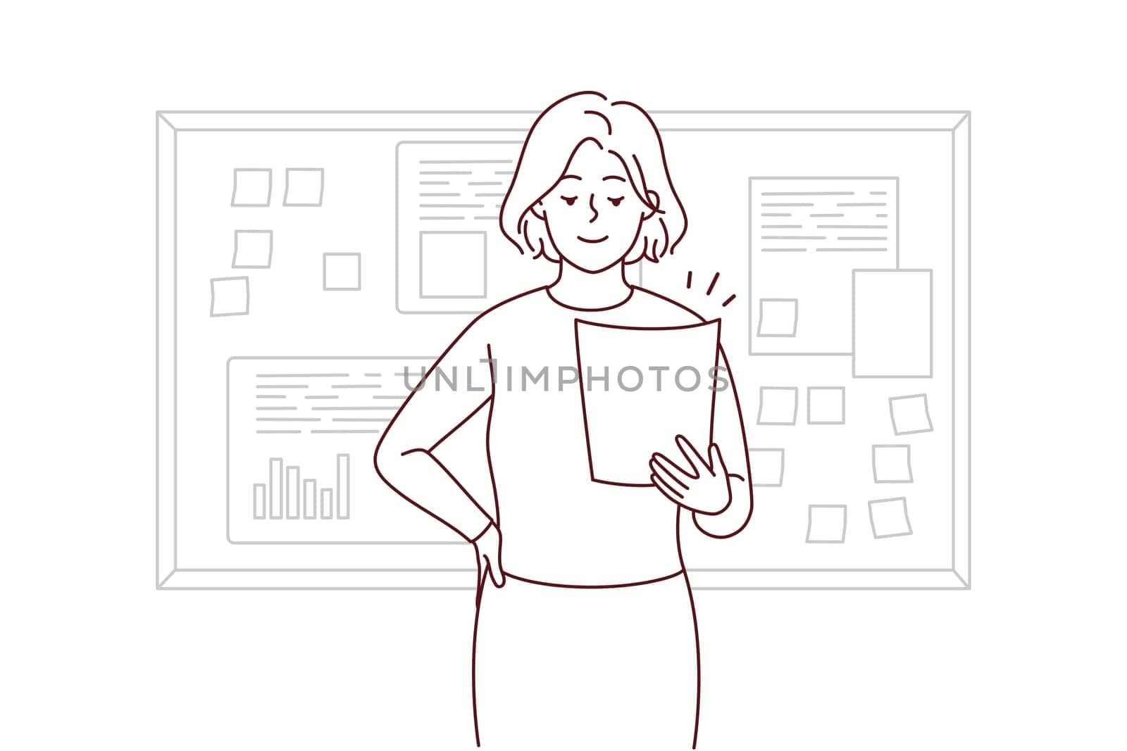 Smiling businesswoman holding paper work stand near board making presentation. Happy female boss present business project in office. Vector illustration.