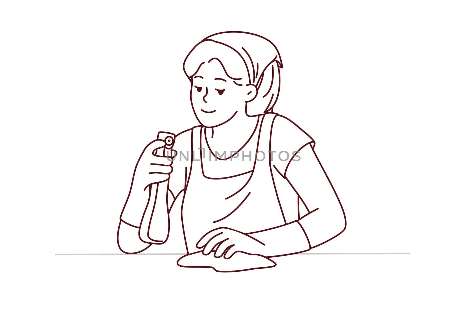 Female housekeeper with detergent and cloth working cleaning surface. Housewife take care of house cleanliness. Housekeeping and hygiene. Vector illustration.