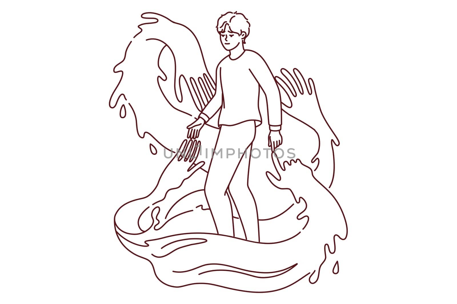 Young man surrounded by huge multiple hands. Guy influenced and manipulated by people. Concept of psychological manipulation and addiction. Vector illustration.