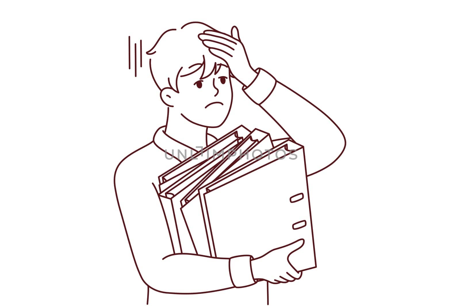 Stressed businessman holding folders feel overworked in office. Unhappy tired male employee overwhelmed with business tasks. Vector illustration.