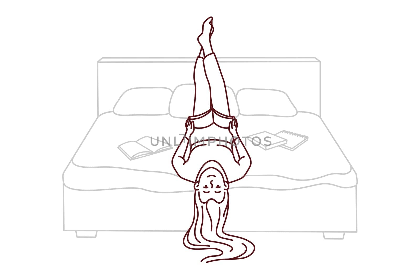 Happy girl lying on bed at home reading book. Smiling woman relax in bedroom enjoying literature. Education and bookworm. Vector illustration.