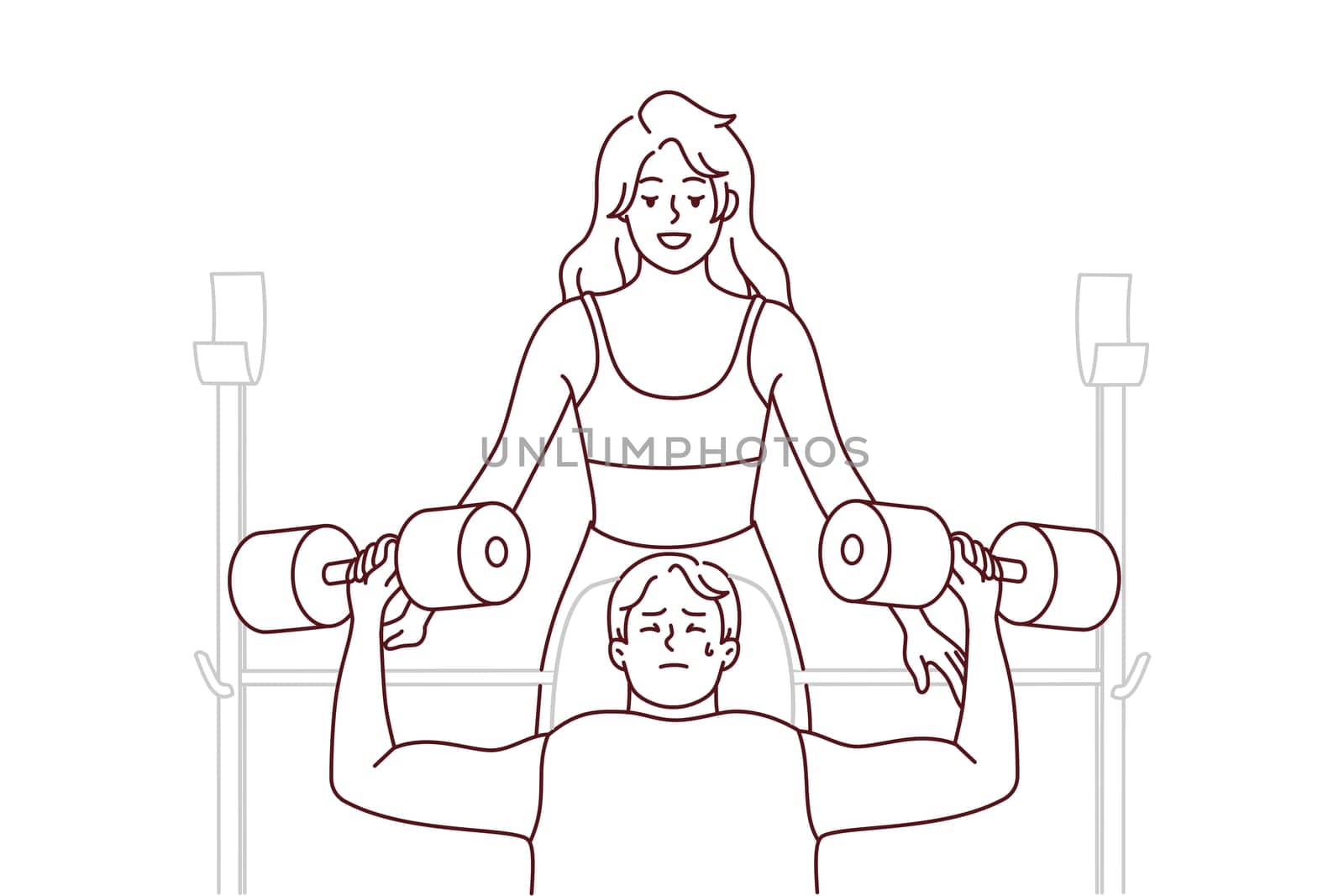 Female trainer help male client workout in gym. Woman athlete or coach train with customer with barbells in sport center. Vector illustration.