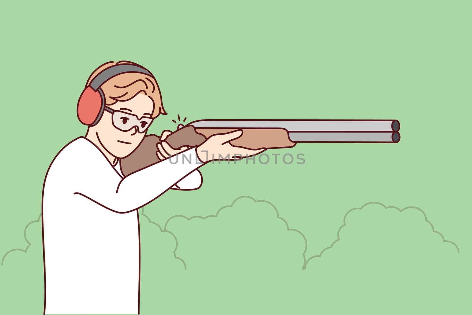 Man in headphones and glasses shoot with rifle in shooting gallery. Guy with weapon in hands hunting in park. Vector illustration.