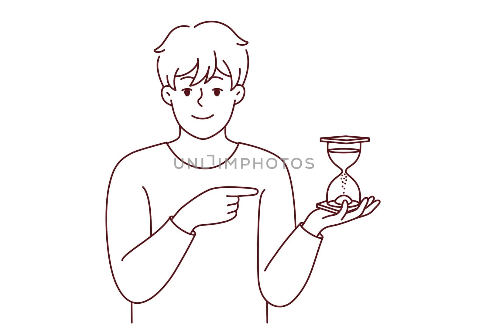 Smiling young man point at sandglass show sand flowing and time passing. Happy male show with finger and hourglass. Vector illustration.