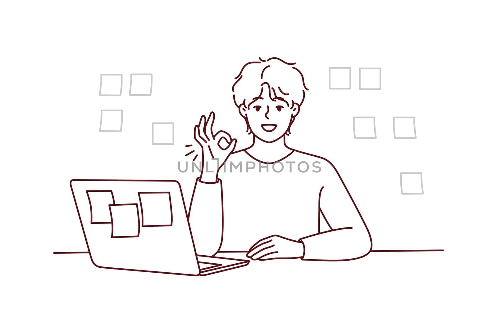 Smiling young man sit at table work on laptop show thumb up. Happy male employee recommend online program engaged in creative thinking. Vector illustration.