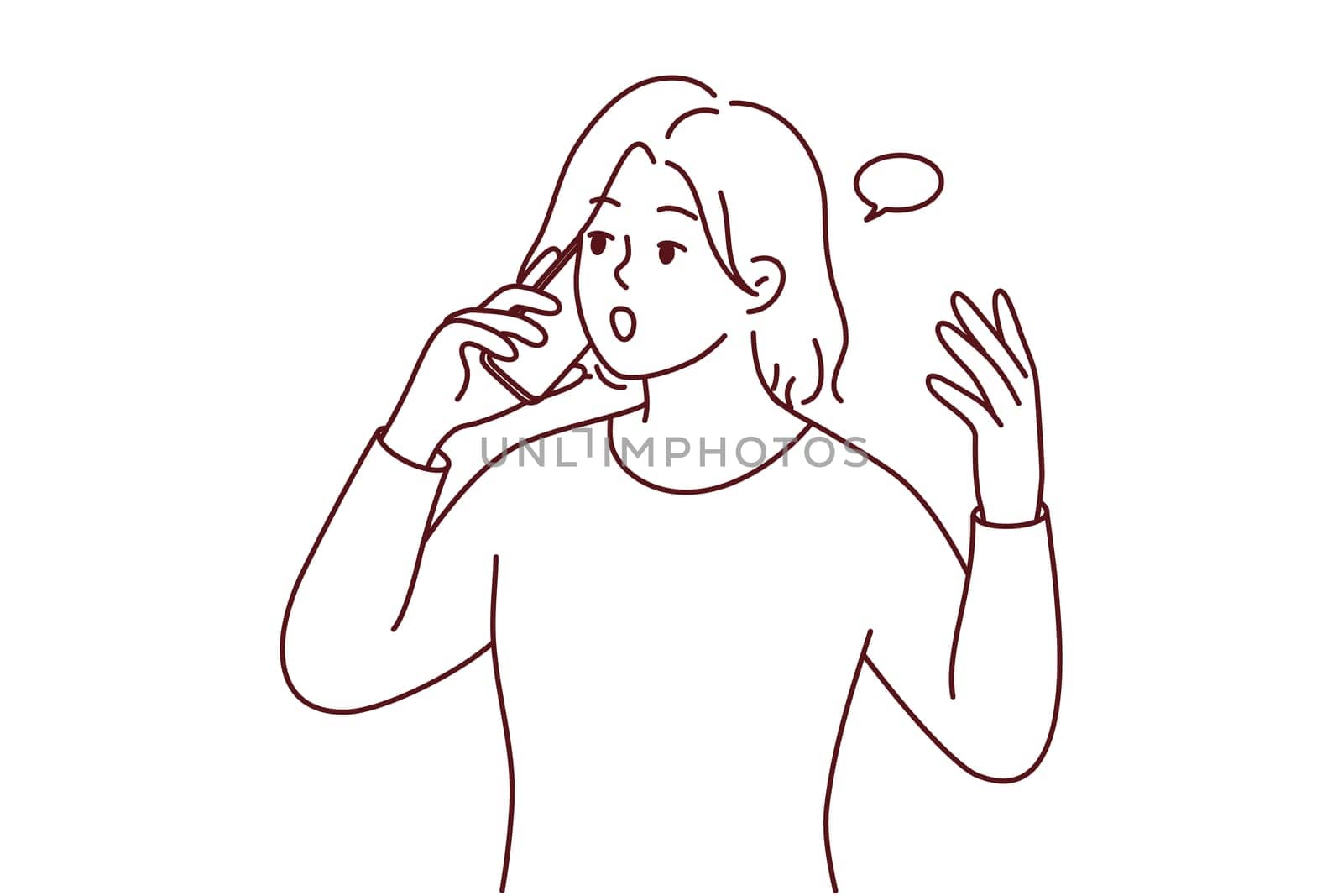 Young woman talking on cellphone shocked with unexpected news. Female have smartphone call surprised with message. Vector illustration.
