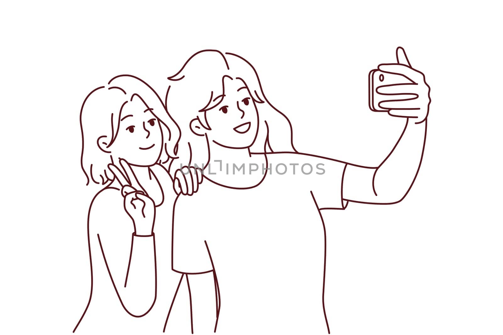 Smiling girls making selfie on smartphone together. Happy women have fun take self-portrait picture on modern cellphone camera. Vector illustration.