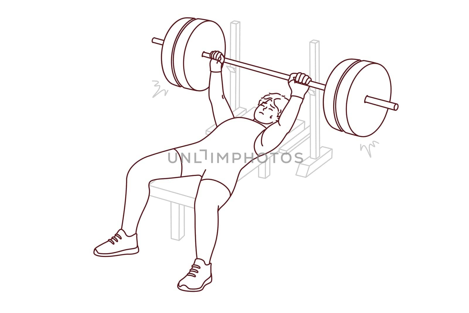 Male athlete in sportswear lift barbell in gym. Man powerlifter training preparing for competition. Sport and workout. Vector illustration.