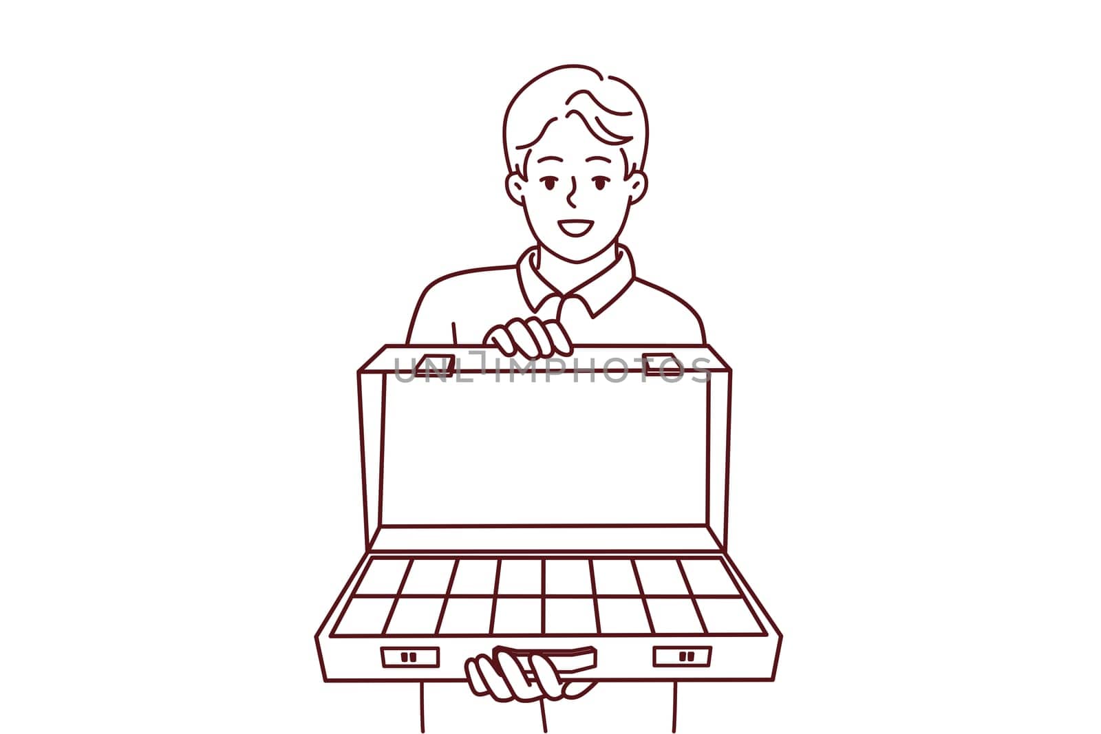 Smiling young man hold briefcase with dollar bills inside. Happy rich male with case full of money. Financial stability and wellness. Vector illustration.