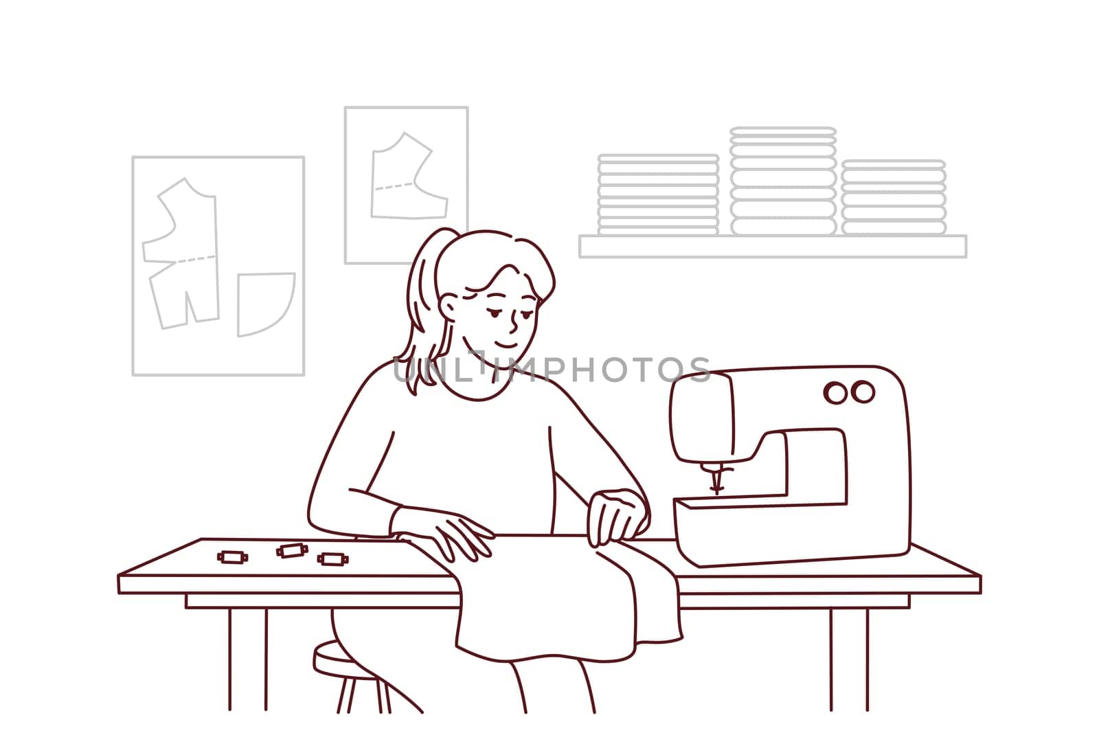 Female dressmaker or seamstress working on sewing machine in workshop. Smiling woman sewing sitting on table. Hobby and design. Vector illustration.