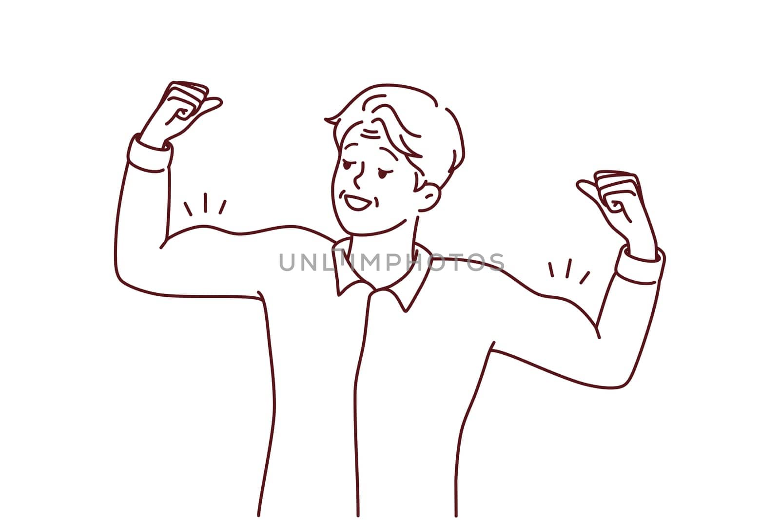 Elderly man showing muscles training and exercising. Smiling mature male demonstrate good physical shape follow sport lifestyle. Vector illustration.
