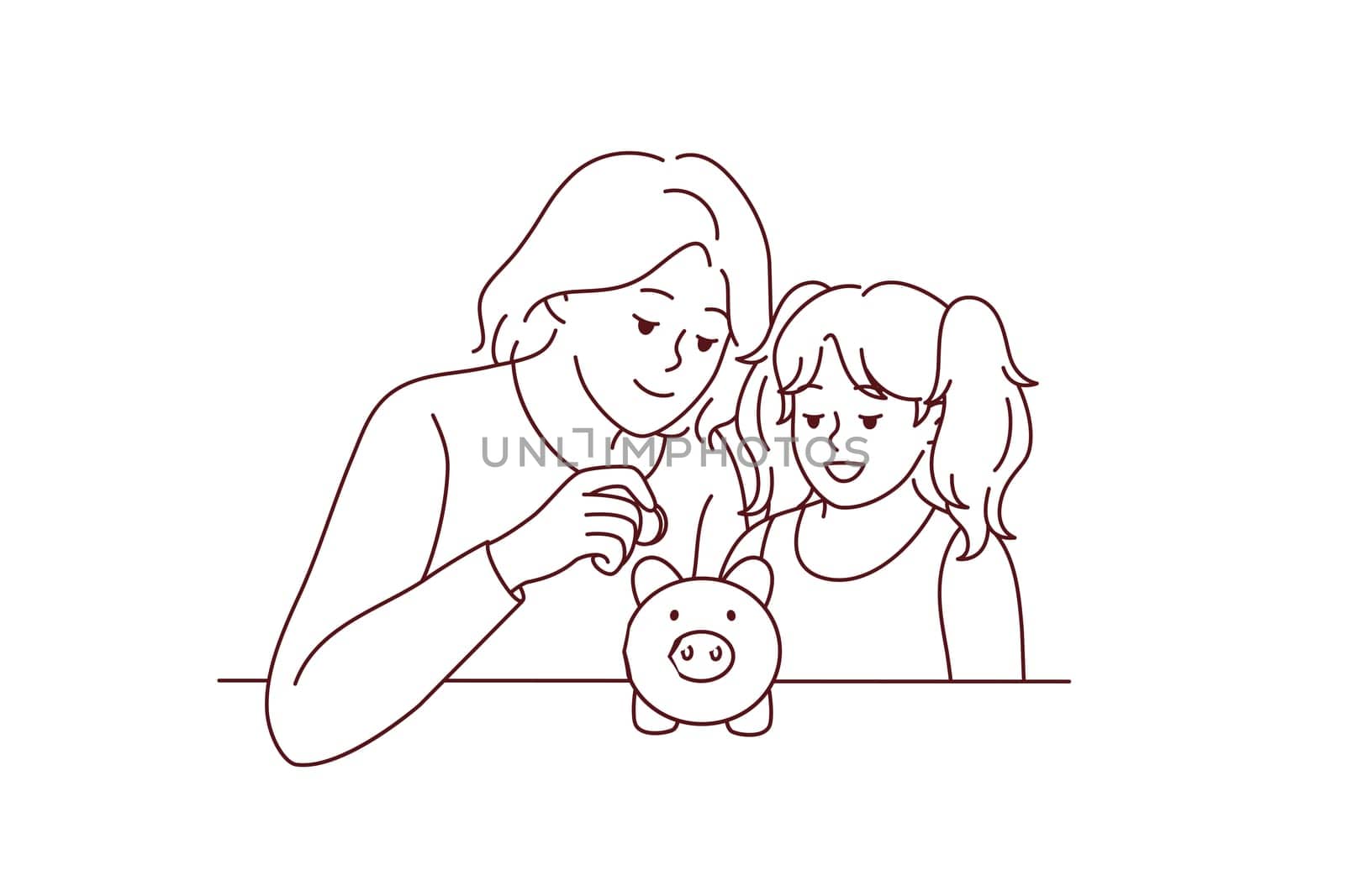 Mother and daughter saving money in piggybank. Mom and girl child put coin in piggy bank make financial investment for future. Banking. Vector illustration.