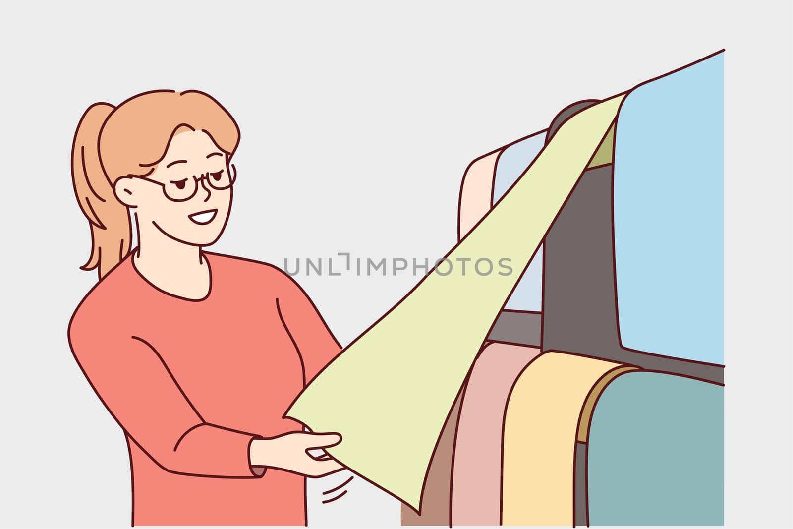 Woman in glasses choosing wallpapers in shop. Smiling female client look at samples in store for house interior renovation. Vector illustration.