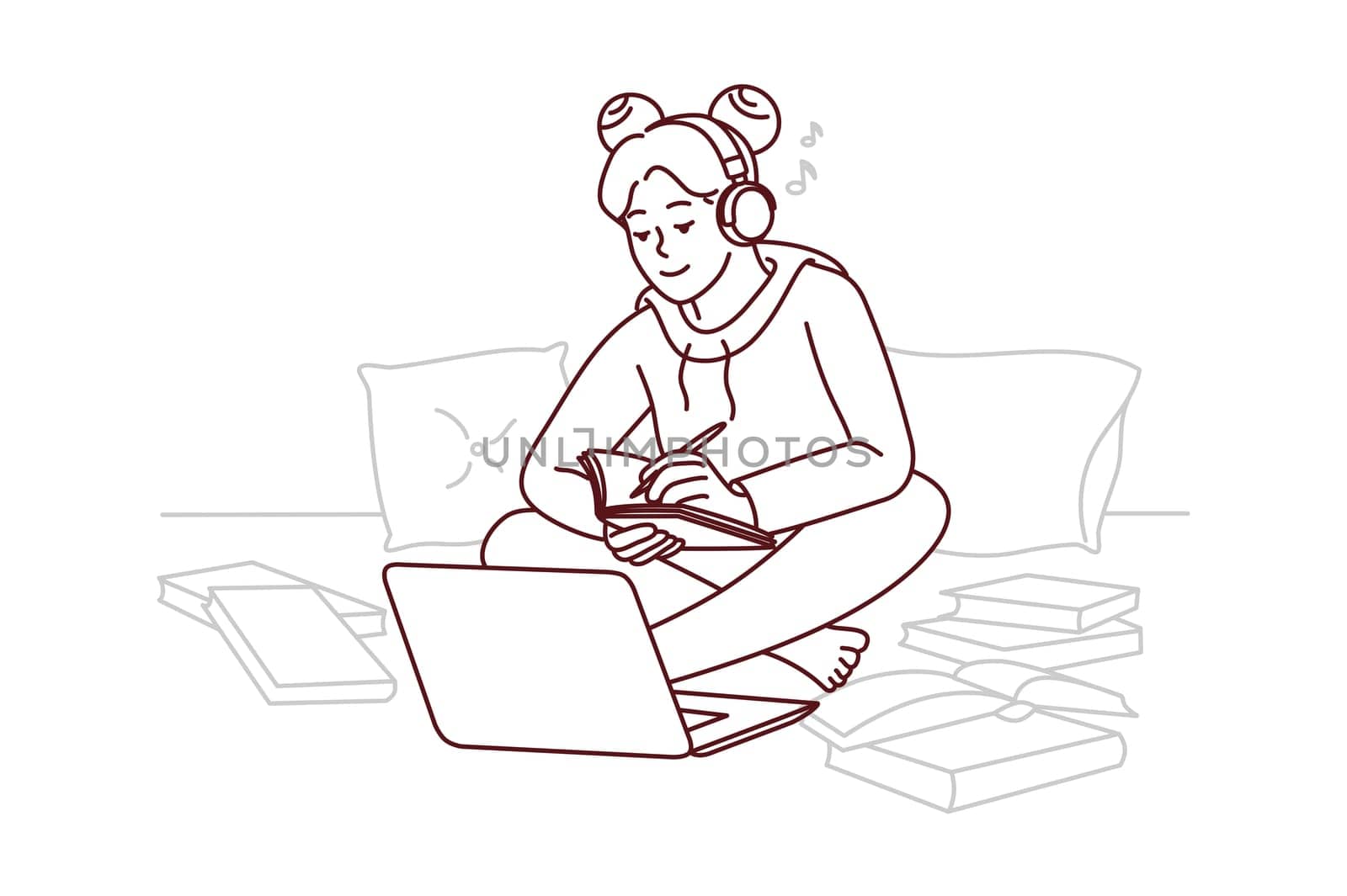 Girl in headphones study on laptop at home take notes in notebook. Happy female student in earphones write notepad have online class on computer. Vector illustration.