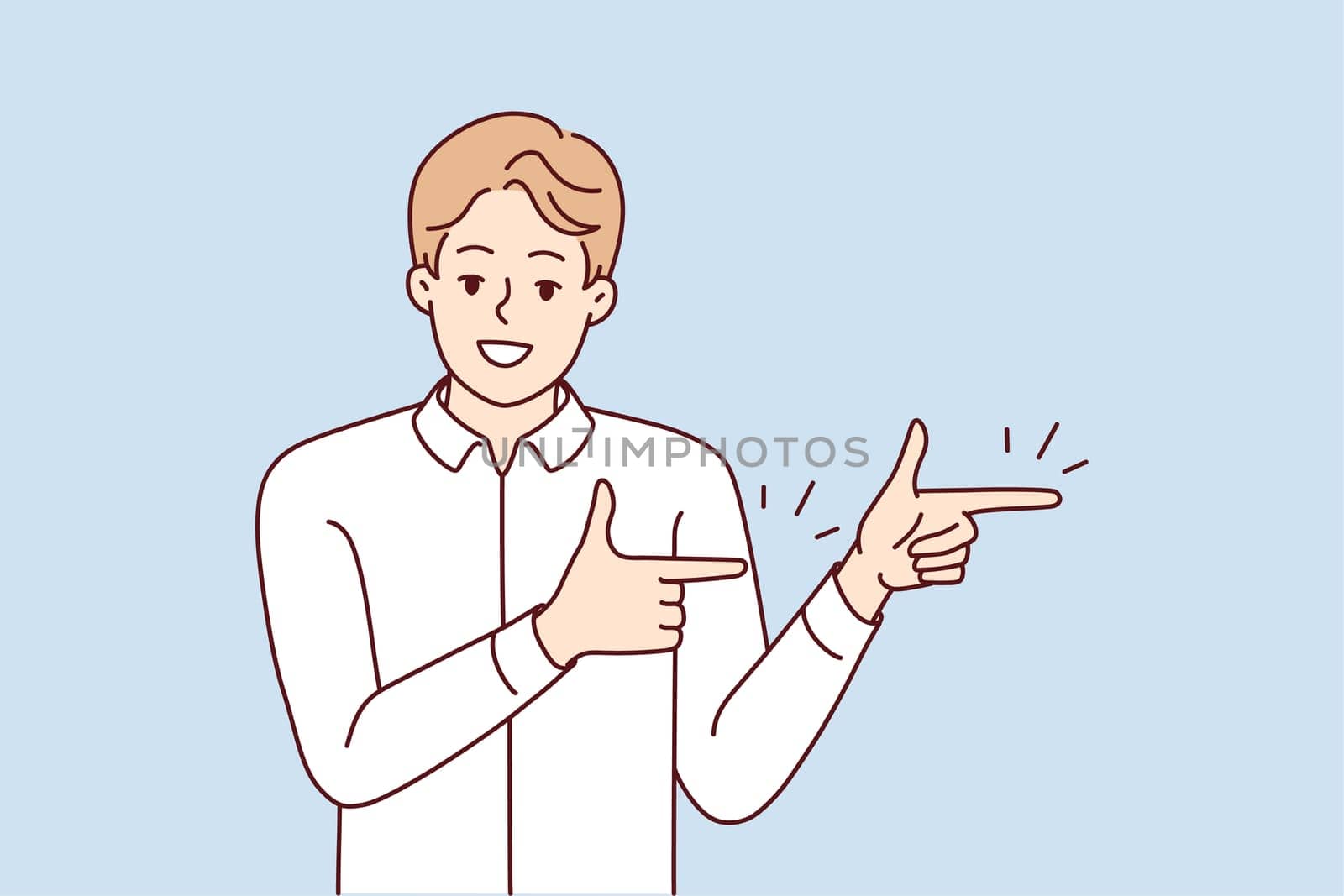 Smiling man point at good sale deal or offer. Happy guy recommend discount or promotion. Recommendation and client feedback. Vector illustration.