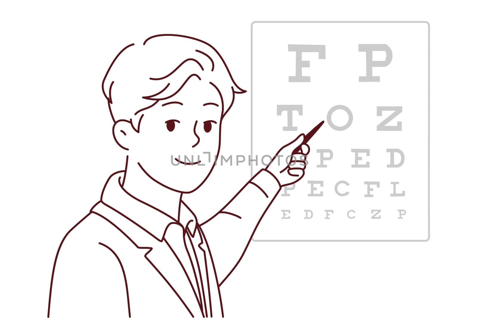 Smiling male doctor in white uniform show letters on board for patient. Happy ophthalmologist or eye specialist do checkup for patient. Vector illustration.
