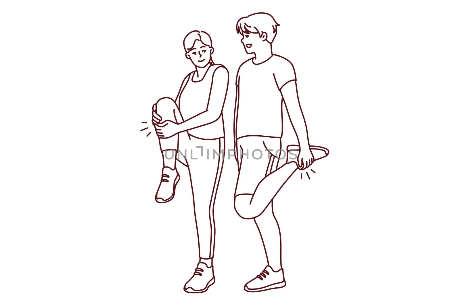 Happy couple in sportswear training together outdoors. Smiling man and woman have fun doing sport or workout. Physical activity. Vector illustration.