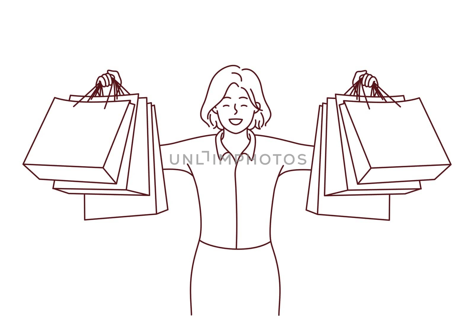 Happy young woman holding paper bags excited with shopping. Smiling female client or customer show purchases buying in mall. Consumerism. Vector illustration.