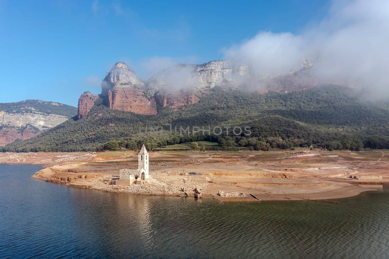 Aerial view of Sau Reservoir, in the Ter River, in the Province of Girona, Catalonia, Spain.