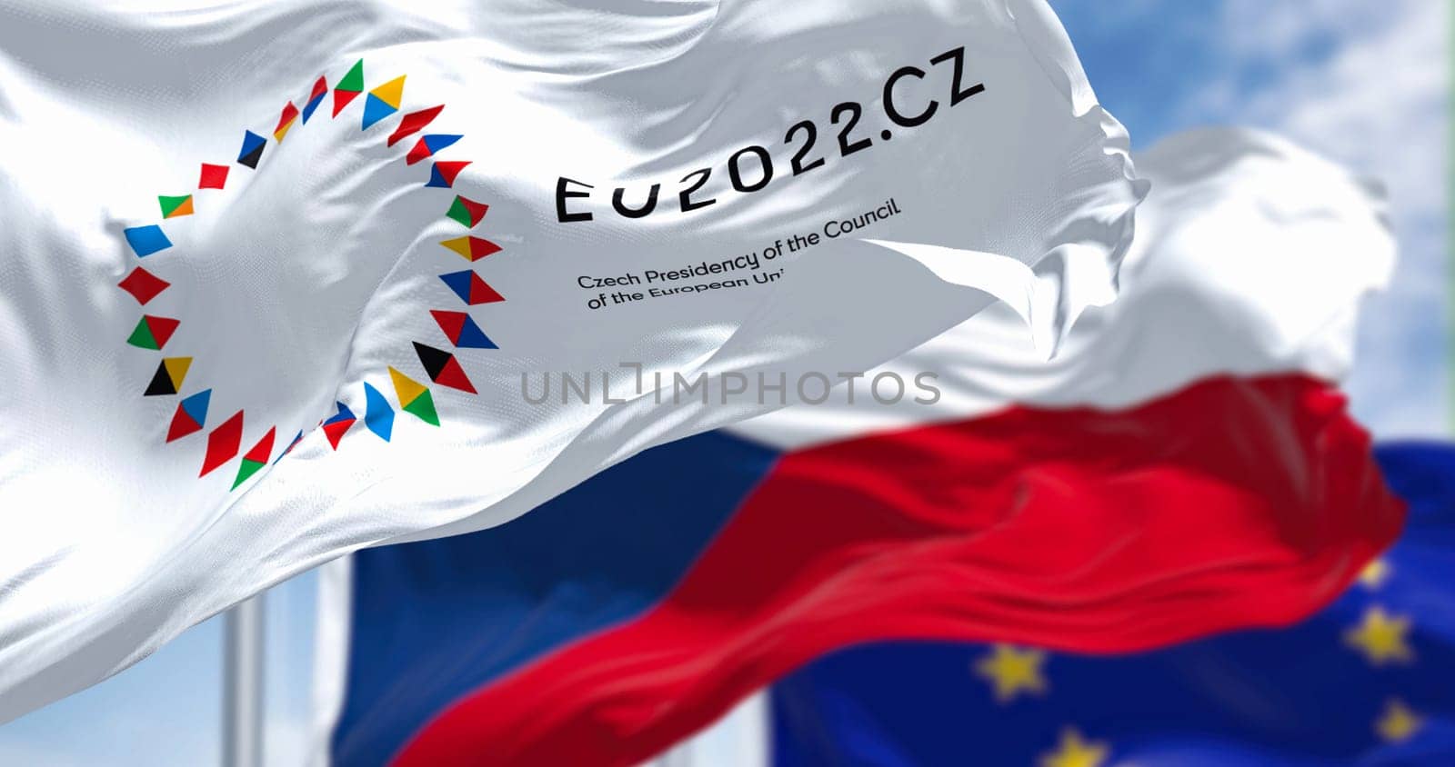 Prague, CZ. October 2022: Flags of the Presidency of the Czech European Council waving with the flags of Czech Republic and the EU. The Czechia will be president from 1 July to 31 December 2022