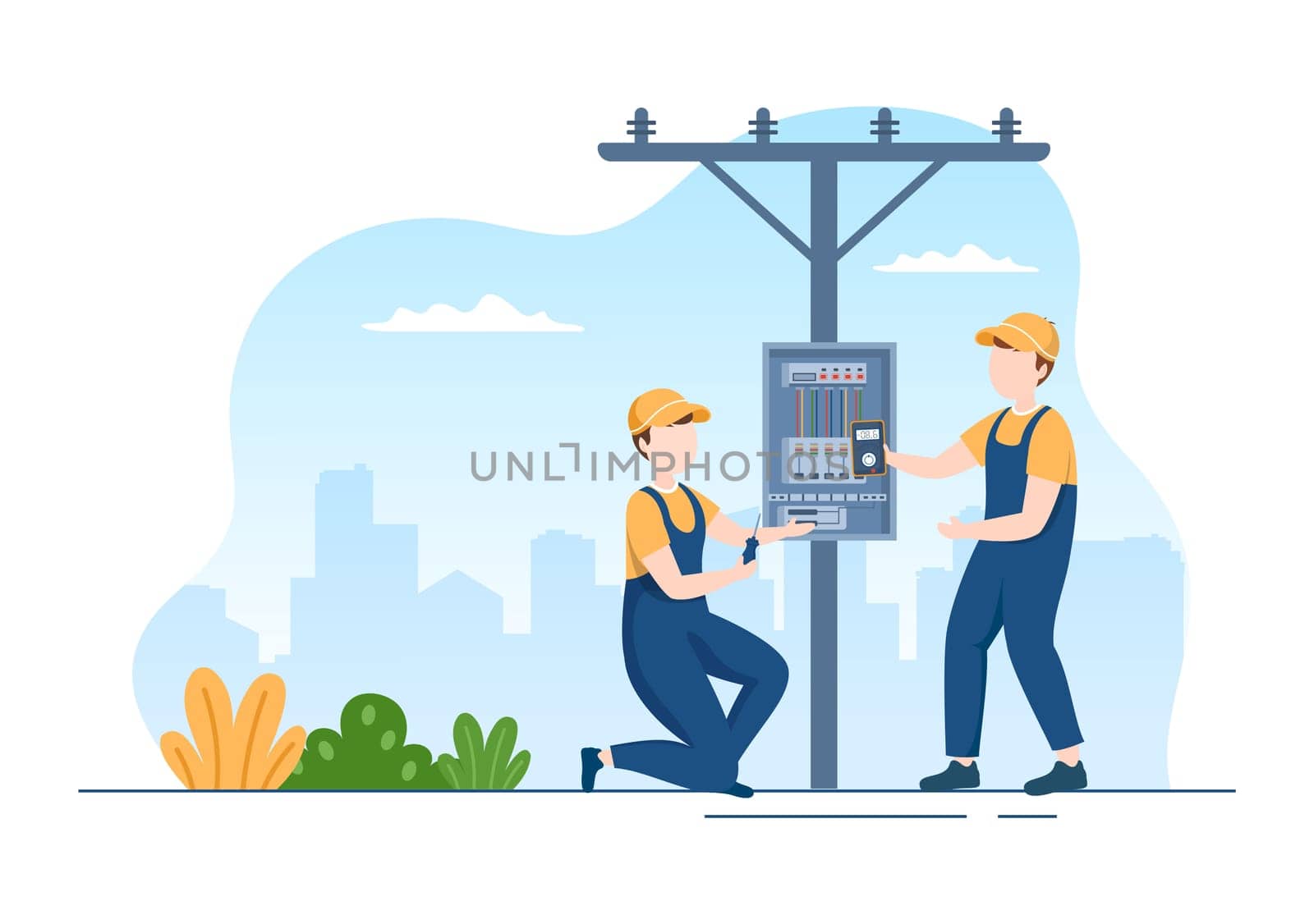 Lighting and Electricity Energy Maintenance Service Panel Cabinet of Technician Electrical Work on Flat Cartoon Hand Drawn Templates Illustration
