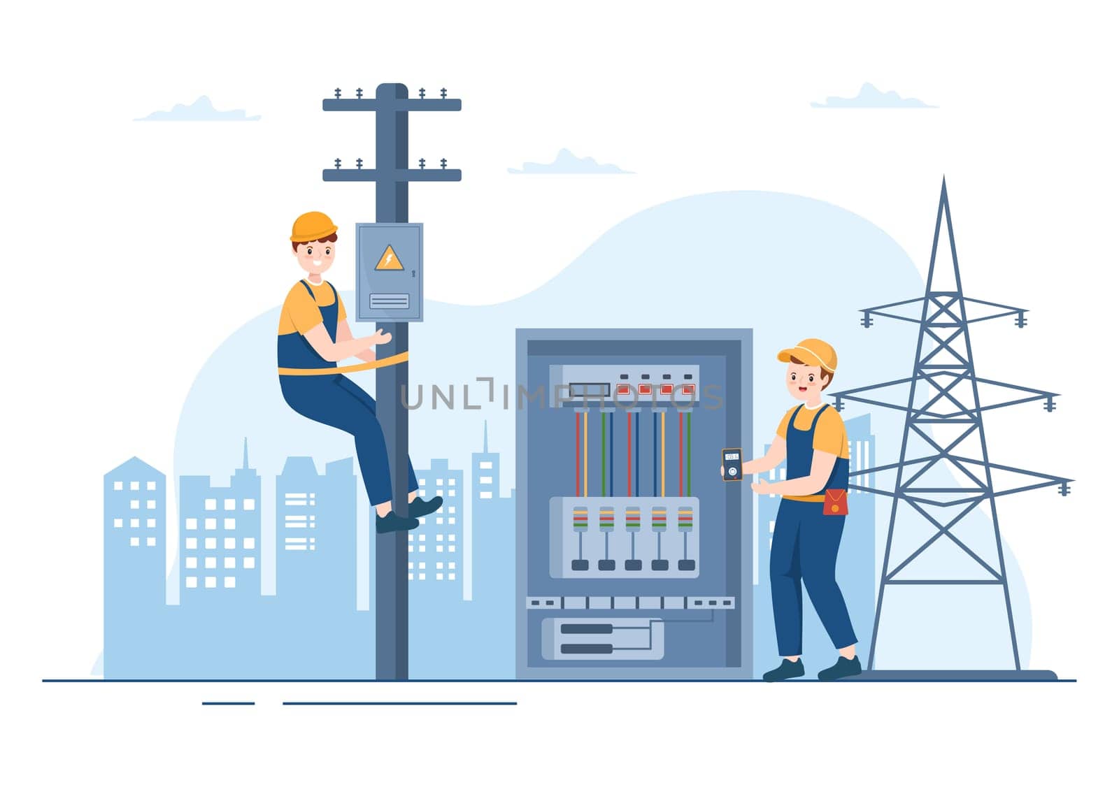 Lighting and Electricity Energy Maintenance Service Panel Cabinet of Technician Electrical Work on Flat Cartoon Hand Drawn Templates Illustration