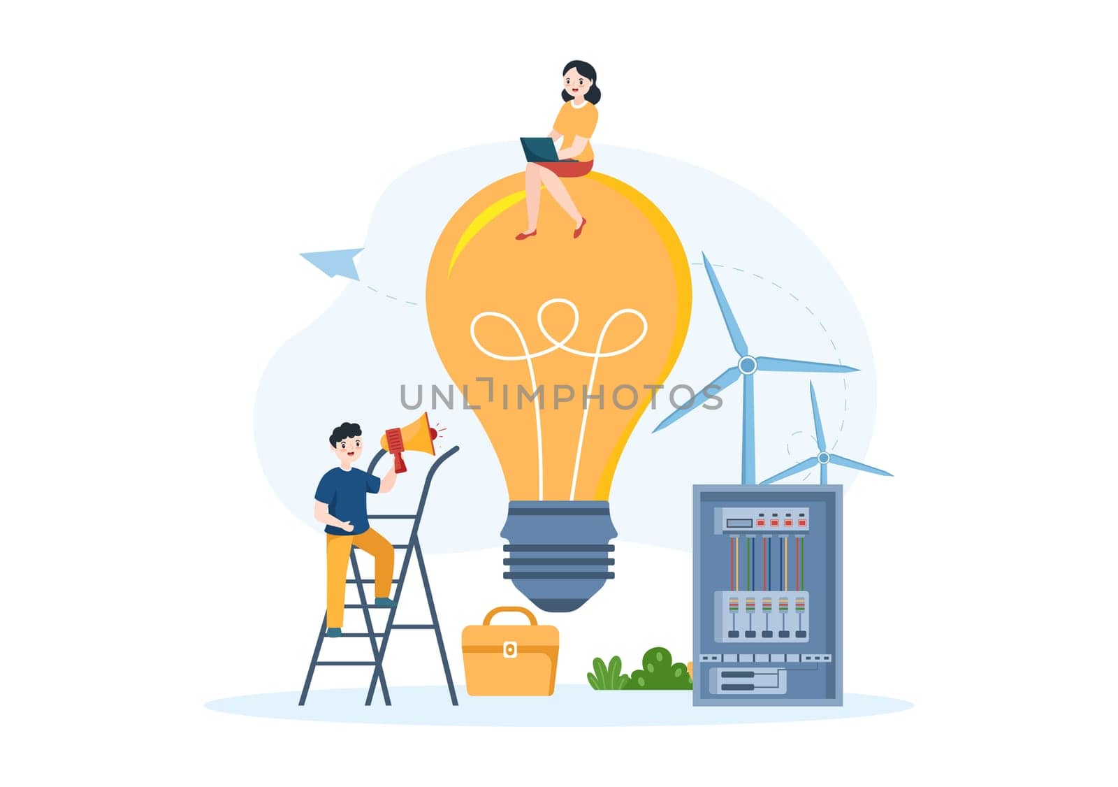 Lighting and Electricity Energy Maintenance Service Panel Cabinet of Technician Electrical Work on Flat Cartoon Hand Drawn Templates Illustration