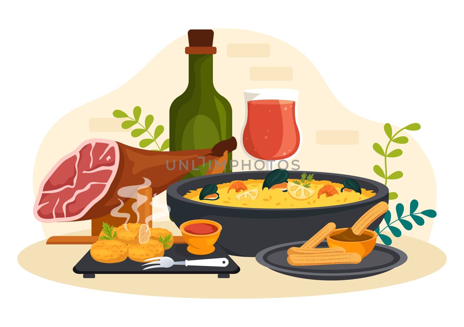 Spanish Food Cuisine Menu Restaurant with Various of Traditional Dish Recipe on Flat Cartoon Hand Drawn Templates Illustration