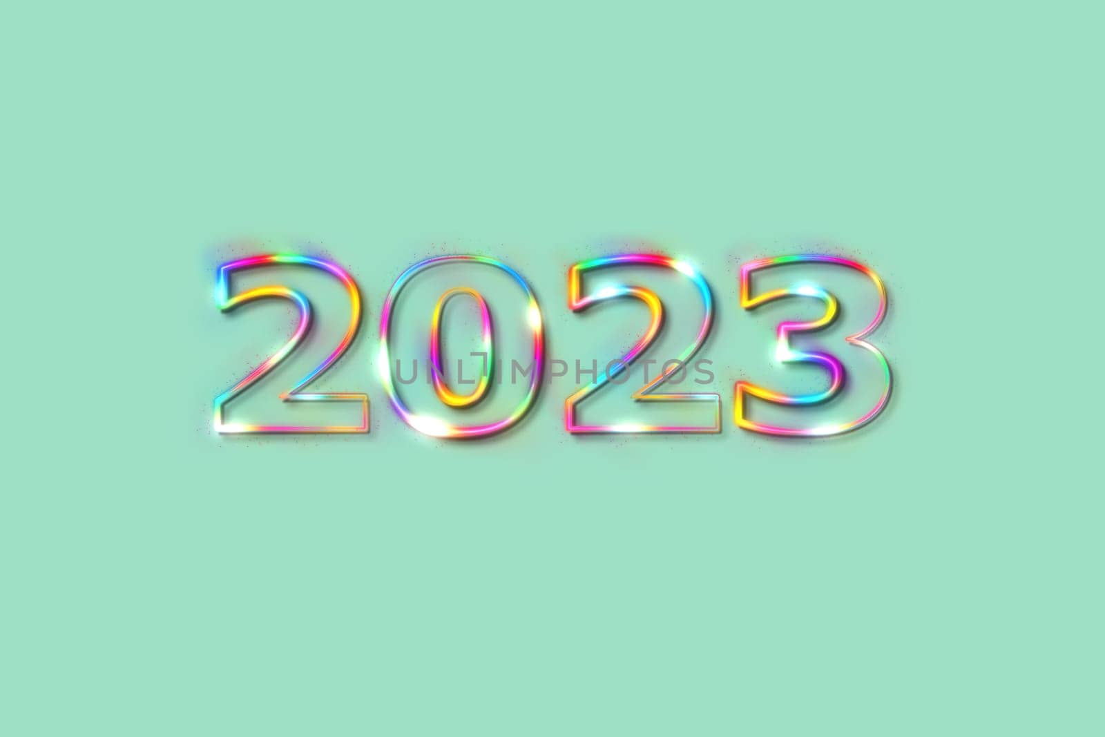 3D illustration New Year concept 2023 design with text glow rainbow design on a beach glass color background.