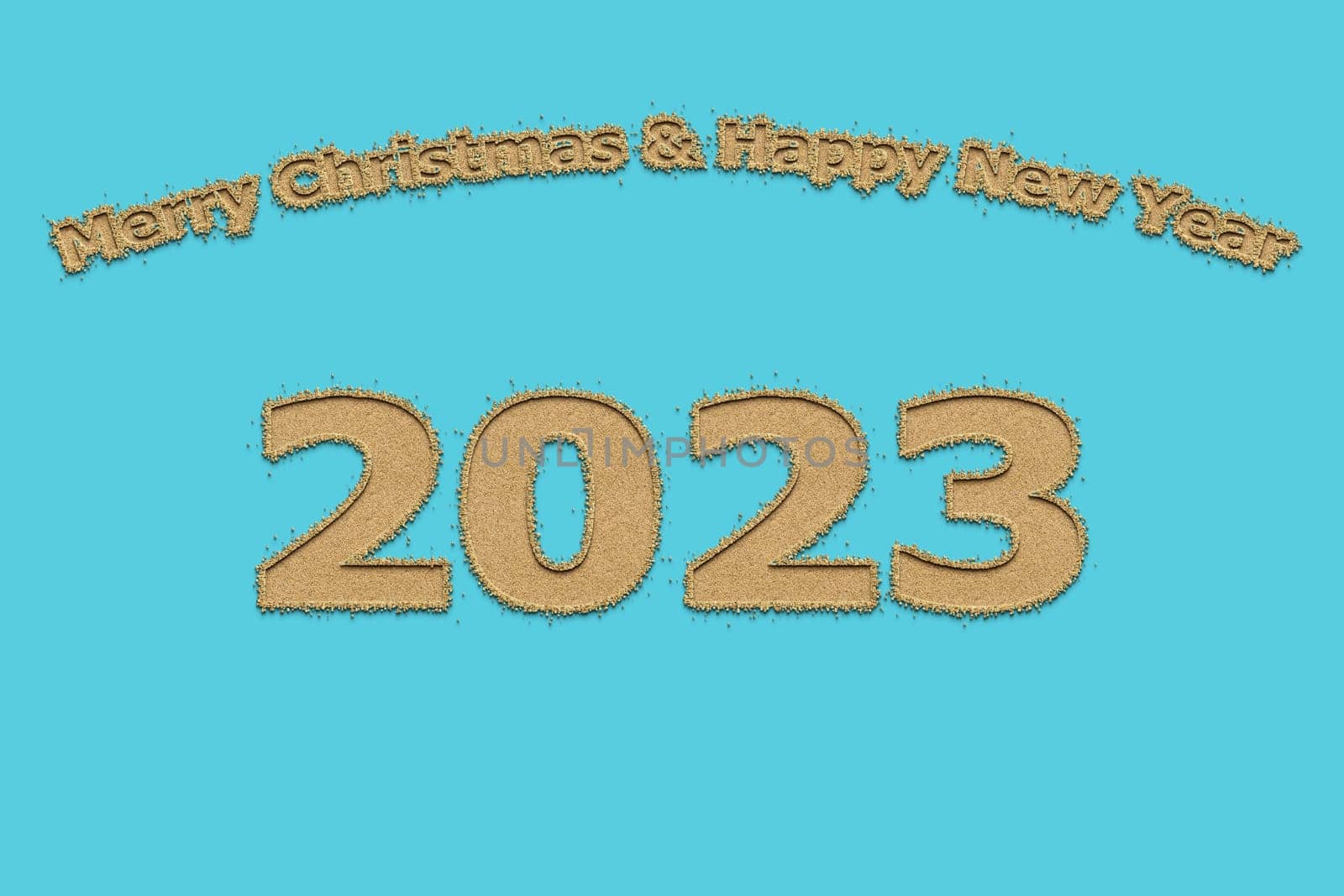 3D illustration New Year concept 2023 design with text sand design on a blue atoll color background.