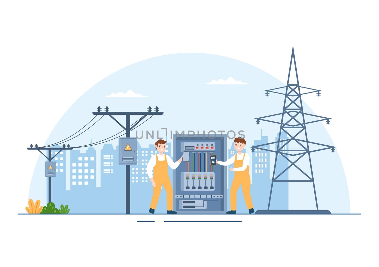 Lighting and Electricity Energy Maintenance Service Panel Cabinet of Technician Electrical Work on Flat Cartoon Hand Drawn Templates Illustration