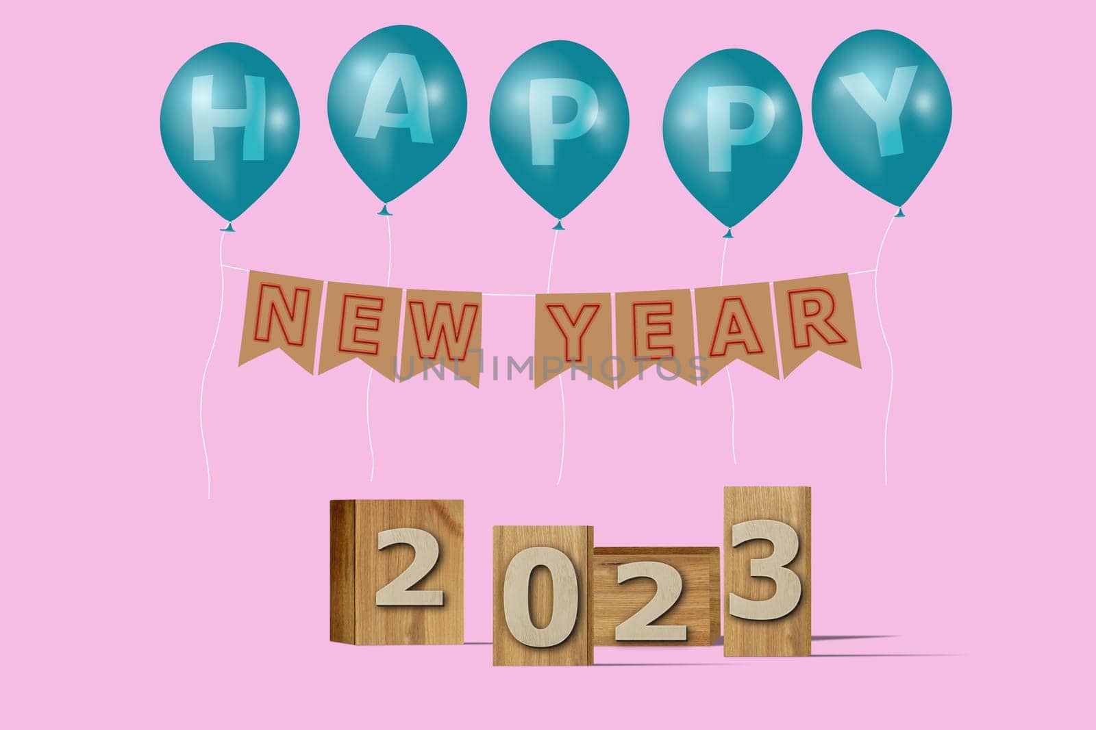 3D illustration New Year concept 2023 design with text on the wooden box and balloons on a pirouette color background.