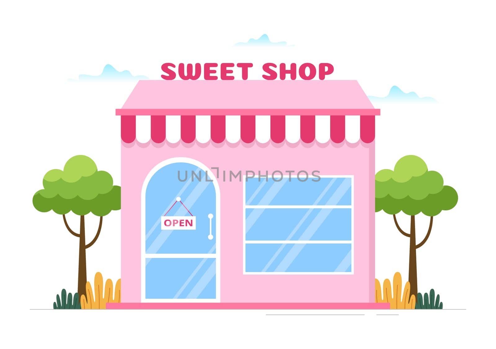 Sweet Shop Selling Various Bakery Products, Cupcake, Cake, Pastry or Candy on Flat Cartoon style Hand Drawn Templates Illustration