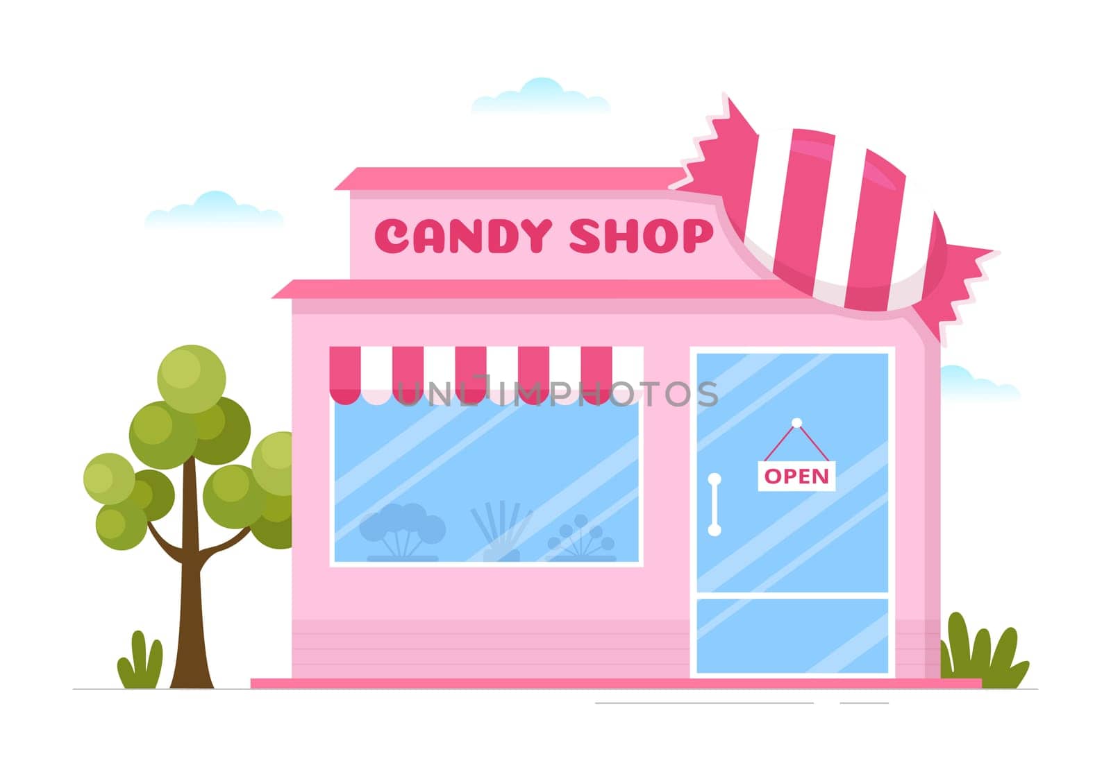 Sweet Shop Selling Various Bakery Products, Cupcake, Cake, Pastry or Candy on Flat Cartoon style Hand Drawn Templates Illustration