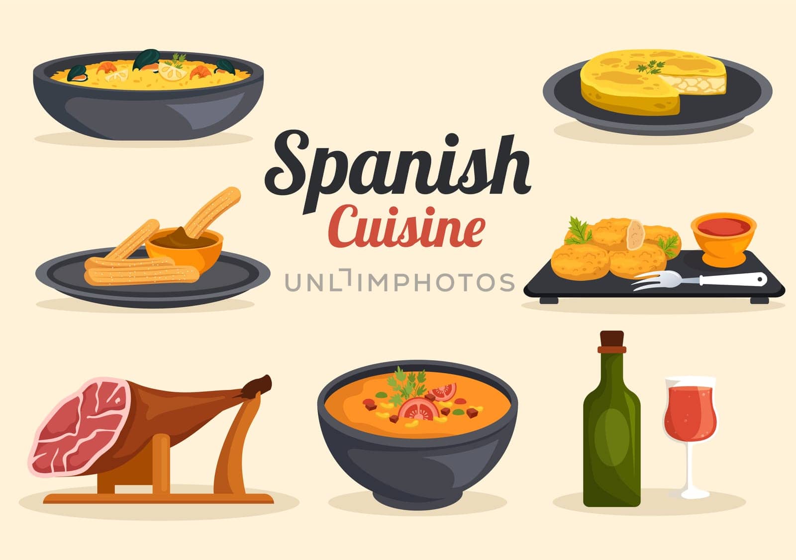 Spanish Food Cuisine Menu Restaurant with Various of Traditional Dish Recipe on Flat Cartoon Hand Drawn Templates Illustration