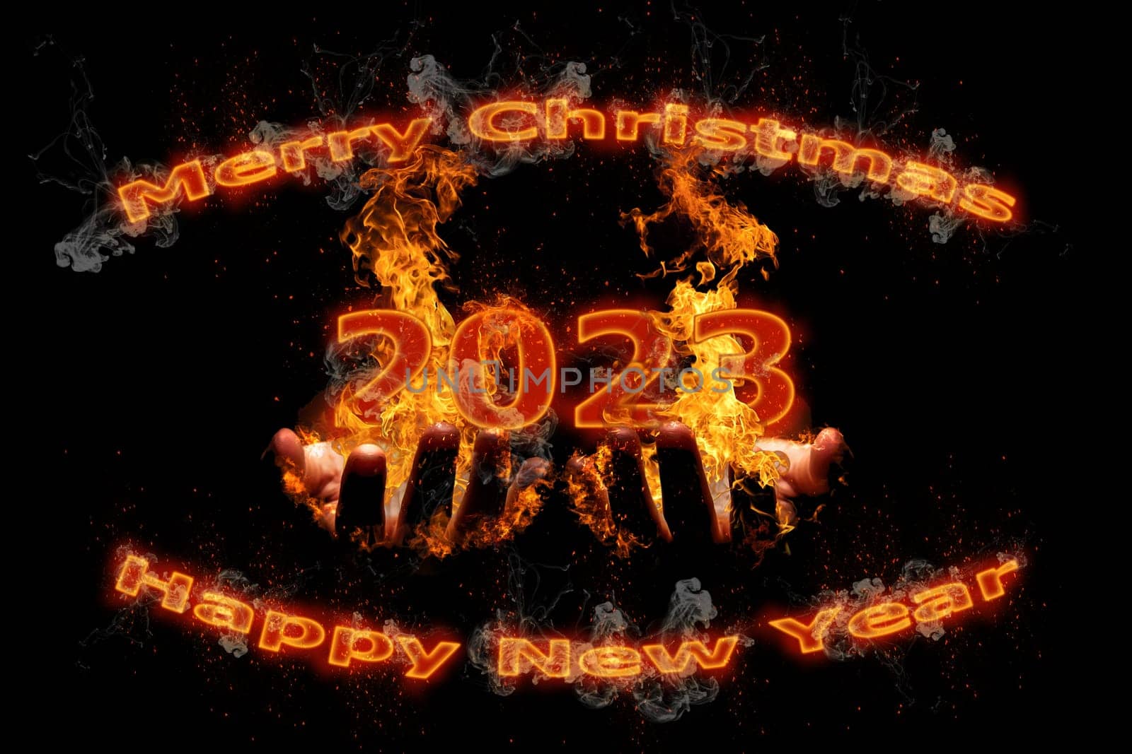 3D illustration New Year concept 2023 design with text fire design on the fire was burning hands.