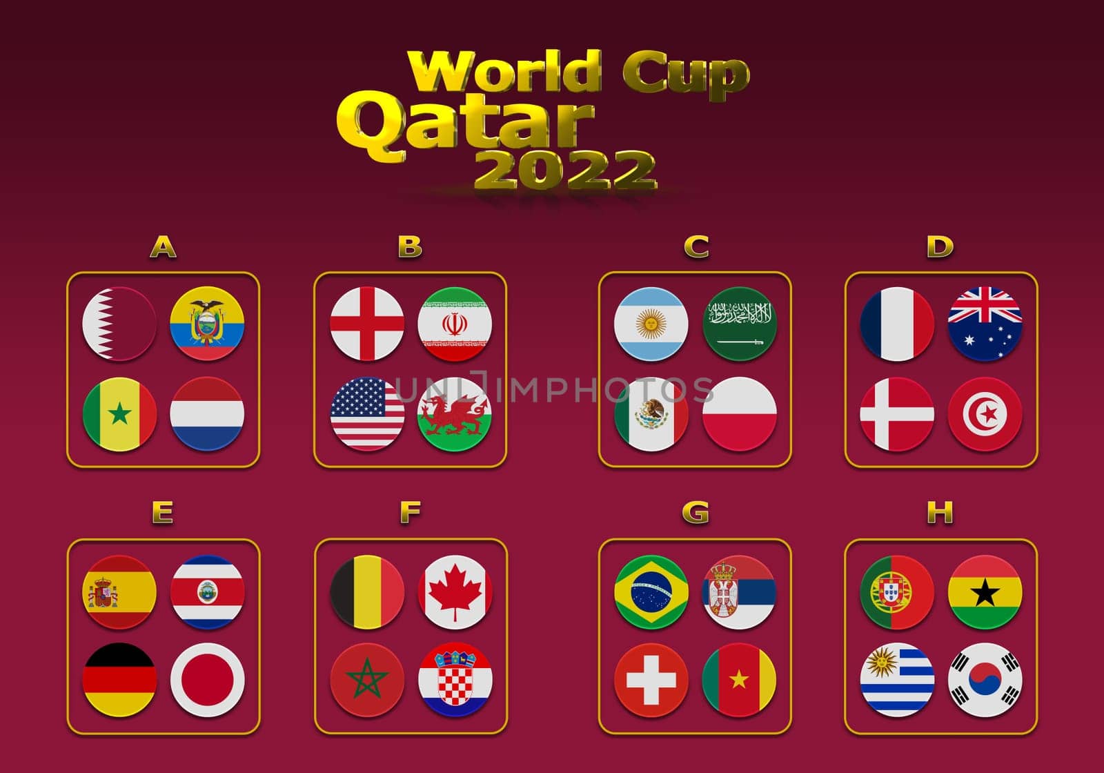 3d illustration groups of World Cup Qatar 2022 championship. All 32 qualifying countries. On the background of the flag of Qatar.