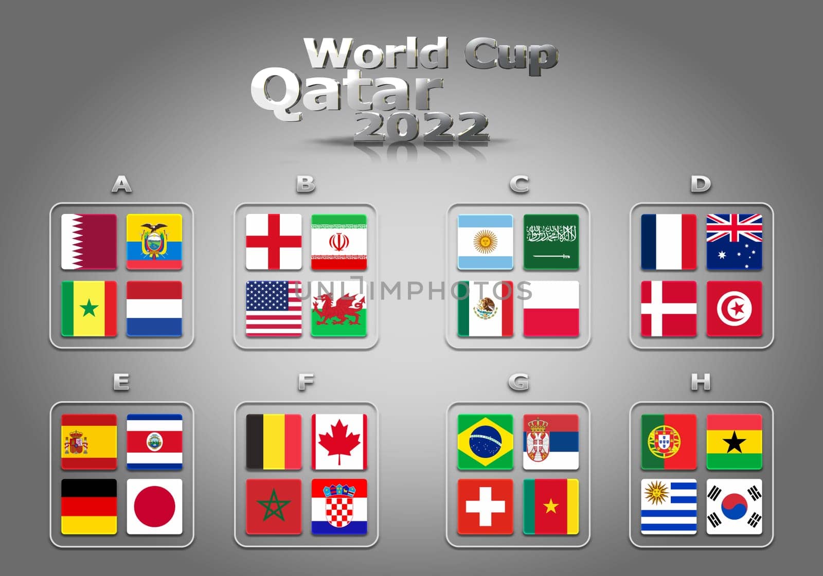 3d illustration groups of World Cup Qatar 2022 championship. All 32 qualifying countries.