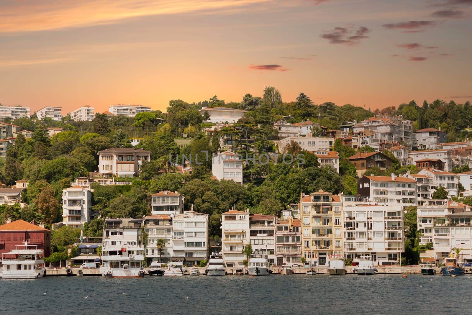 View from the sea of the green mountains of the Europian side of Bosphorus strait, with docked boats, traditional houses and dense trees in a summer day before sunset