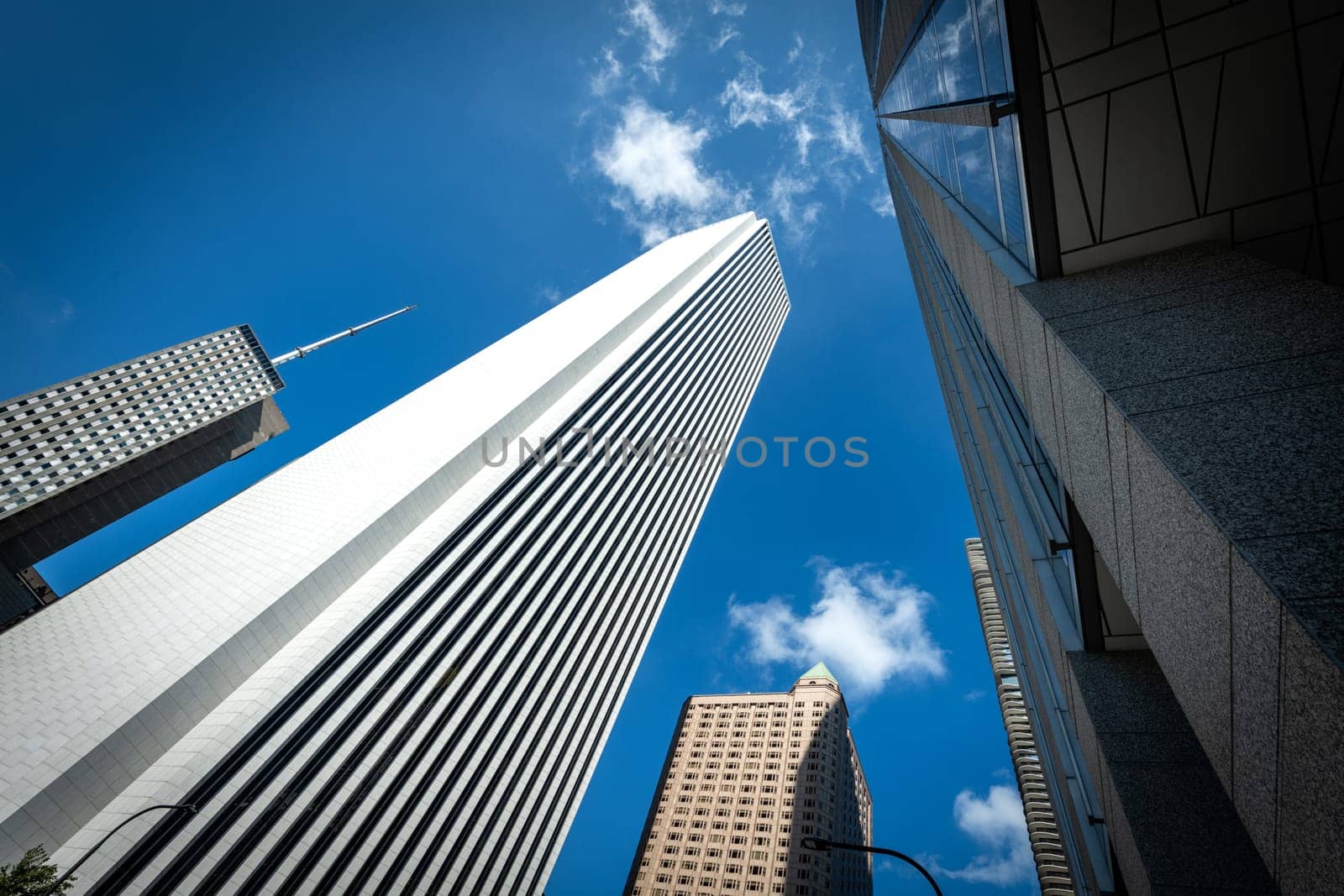 Chicago buildings and patriot flag, Chicago, Illinois, USA
