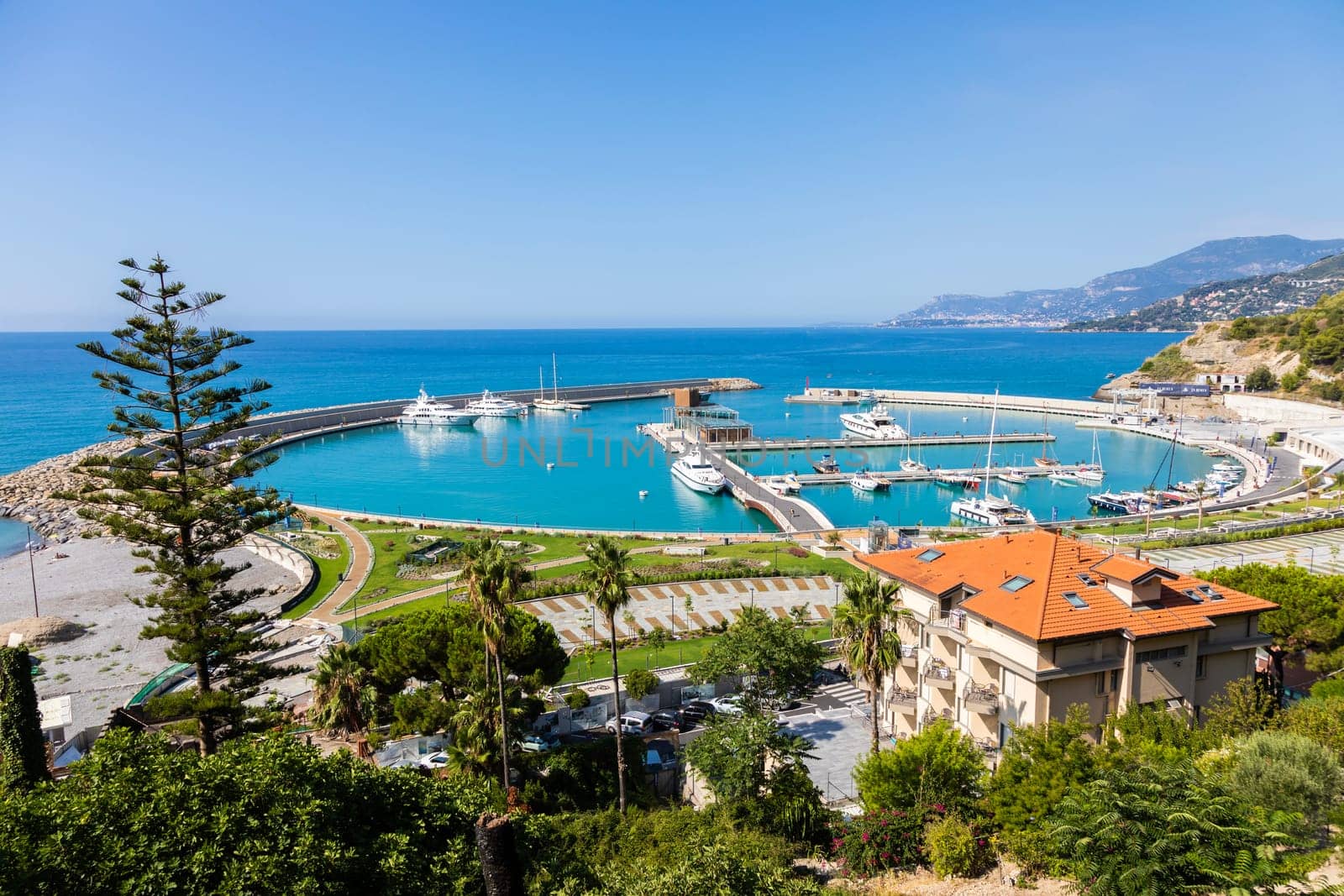 Ventimiglia, Italy - Circa August 2021: Cala del Forte is an exquisite, brand new, state-of-the-art marina located in Ventimiglia, Italy, only 15 minutes from the Principality of Monaco