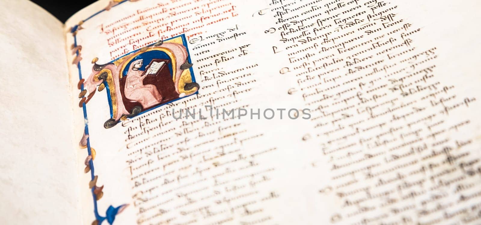 FLORENCE, ITALY - circa July 2021. Antique manuscript sheet from Dante Divine Comedy, 16th Century copy.