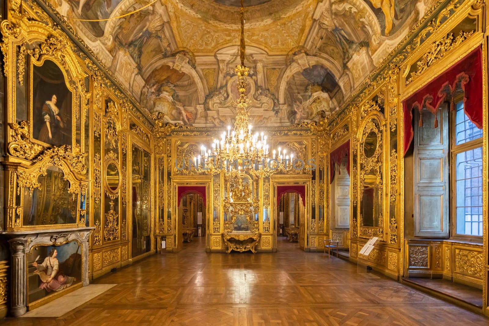 Turin, Italy - Circa January 2022: baroque old room interior in Carignano Palace