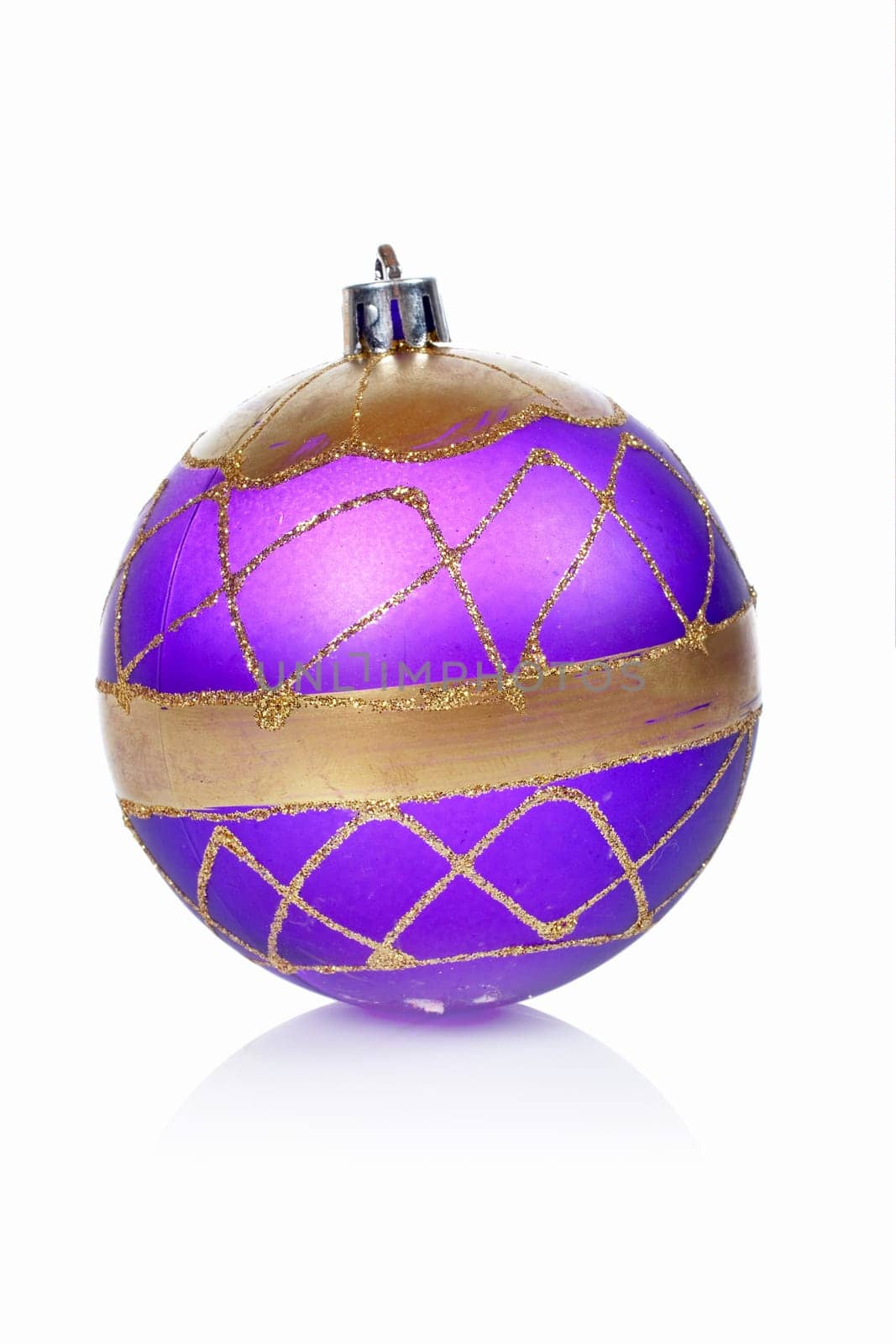 One blue Christmas ball, reflected on a white background