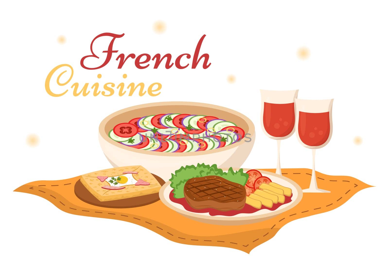 French Cuisine Restaurant with Various Traditional or National Food Dish of France on Flat Style Cartoon Hand Drawn Templates Illustration