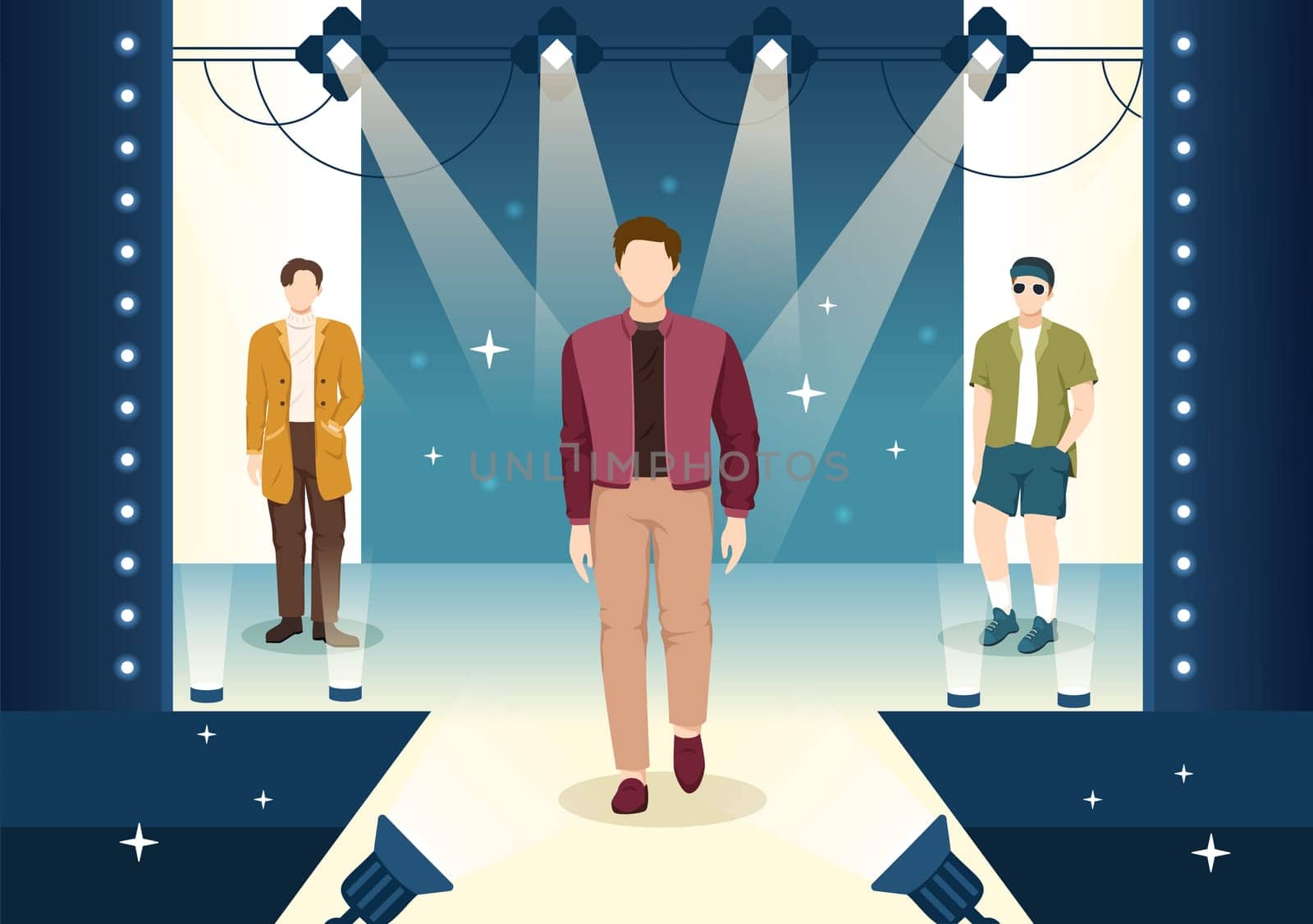 Fashion Men Show with Catwalk Male Models Display Clothes on Runway in Modern Trendy Outfits on Flat Cartoon Hand Drawn Templates Illustration